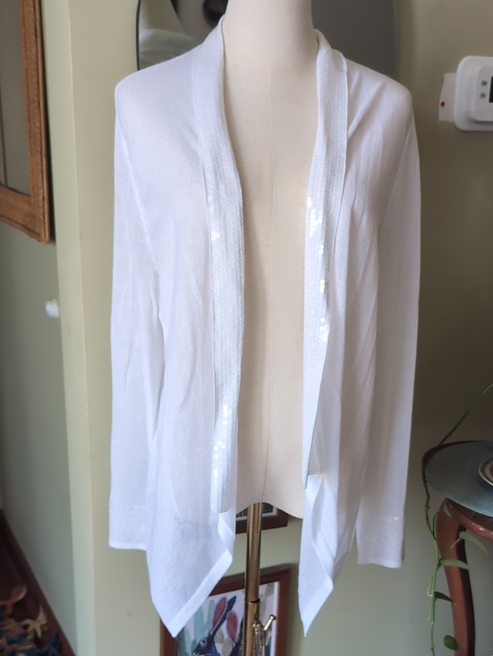 Chico's Sweaters - Chico's Women's Size 14 Sheer White Open-Front Sequin Trim Long Sleeve Cardigan
